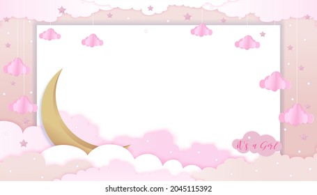 Baby girl shower greeting card on pink background,Vector Paper art abstract origami cloudscape, crescent moon and stars on pink sky,Cute paper cut with copy space for baby's photos
