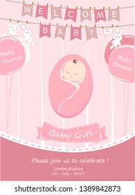 baby girl baby shower invitation card. Vector eps10,illustration. - Vector