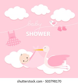 Baby Girl Shower Invitation Card Design. Vector illustration. For girls. Pink.
