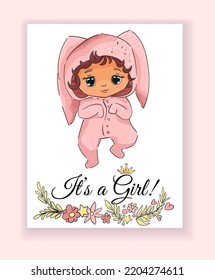Baby girl shower invitation with cartoon cute child, hand drawn newborn girl in a pink rabbit romper. It's a girl. Vector illustration