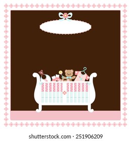 Baby Girl Shower Invitation with Crib,Clothes and Toys