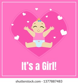 Baby Girl Shower Invitation Template, Pink Card with Cute Happy Toddler Baby and Place For Your Text Vector Illustration