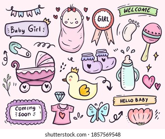 Baby girl shower party cartoon icon doodle drawing collection vector set