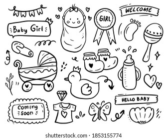 Baby girl shower party doodle drawing collection vector set
