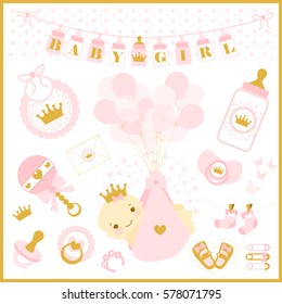 Baby girl shower party. Vector set of design elements. Pink and gold cute collection. Princess crown illustration. baby shower invitation