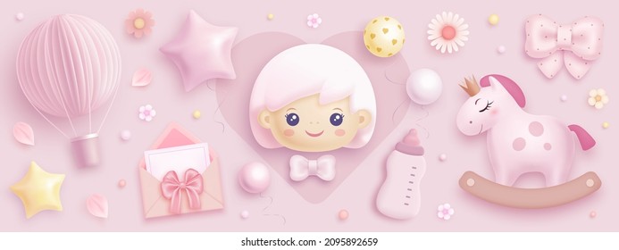 Baby girl shower set. Realistic vector illustration of cartoon baby girl, hot air balloon, helium balloons, toys and flowers isolated on pink background