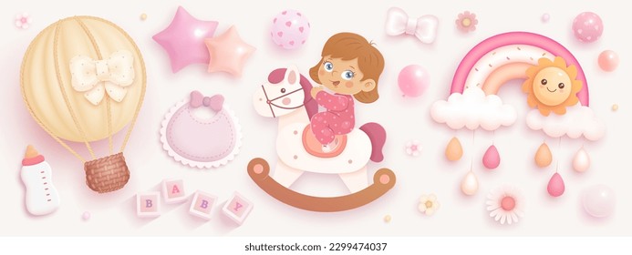 Baby girl shower set. Realistic vector illustration of cartoon baby girl, hot air balloon, helium balloons, toys and flowers isolated on pink background