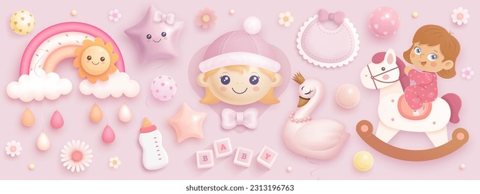 Ducha para bebé. Ilustración vectorial realista de la niña de dibujos animados, arco iris, sol, cisne, bib, botella, globos de helio y flores aisladas en el fondo