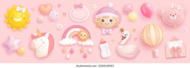 Baby girl shower set. Realistic vector illustration of cartoon baby girl, rainbow, sun, swan, bib, bottle, helium balloons and flowers isolated on background