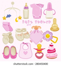 Baby girl shower set. vector illustration
