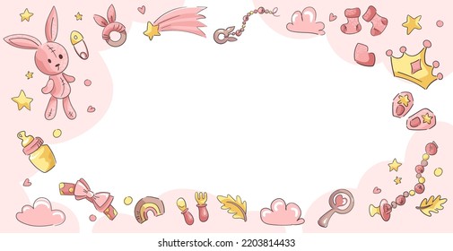 Baby girl shower vector background with pink elements. Cute cartoon Card for baby newborn with space for text or photos. Frame with set of objects, rabbit, pacifier, infant toys, stars, moon, clouds. 