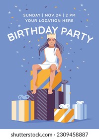baby girl sits on huge gifts. Celebrate a child's party and birthday, card or poster. Vector flat illustration