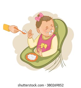 Baby girl sitting in the baby chair refuses to eat pap, vector image, eps10