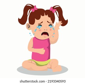 baby girl sitting and crying with open mouth. Illustration of a sad and annoyed child on a white background.