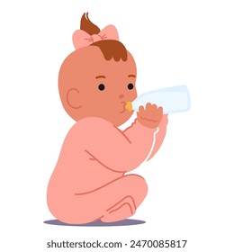 Baby Girl Sitting And Drinking Milk From A Bottle. Infant Character In Pink Onesie With A Cute Bow On Her Hair, Shows A Moment Of Infancy And Nurture. Concept Of Baby Care, Feeding And Early Childhood