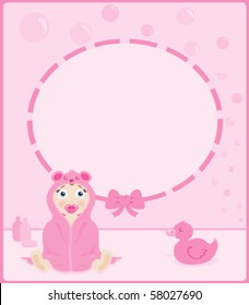 Baby girl sitting in hooded towel with cute bear ears sign/frame with copy space. In shades of pink for baby girls.