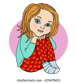 Baby girl sitting, hugging her legs, preschooler, bright color