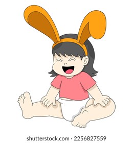 baby girl sitting laughing wearing bunny ear headband. vector design illustration art