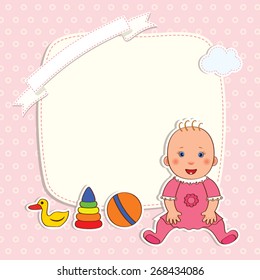 Baby girl sitting next to toys and frame, pink background with dots, vector cartoon