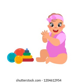 baby girl sitting on the floor on white background, cartoon design, vector illustration, (female set 1/8), big black eyes, black hair, Asian, Arab, Latino, Caucasian
