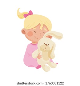 Baby Girl Sitting on the Floor and Hugging Fluffy Toy Hare Vector Illustration