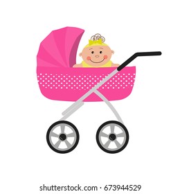 Baby girl sitting in a pink stroller. Vector illustration on a white background.
