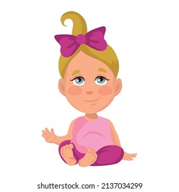 Baby girl sitting and waving, isolate on white background - Vector illustration