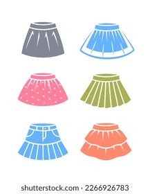 Baby girl skirts color silhouette icons. Different skirts for little girl. Pleated, plaid skirt, flounce, denim, chiffon skirt. Simple solid pictograms of children clothes. Little princess wardrobe