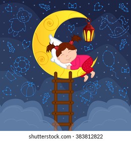 baby girl sleeping on the moon among the stars - vector illustration, eps