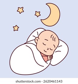 Baby girl sleeping softly wrapped in blanket under crescent moon and twinkling stars on pastel blue background, peaceful and cozy mood