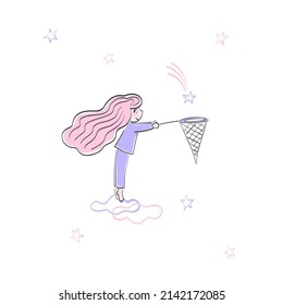 Baby girl in sleepwear on cloud catching fallen star with butterfly net in a starry night sky vector illustration isolated on white. Sweet dreams cartoon childish felt pen hand drawn fantasy print.
