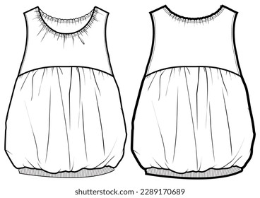 Baby girl sleeveless Bubble hem dress design with round collar flat sketch fashion illustration vector template with front and back view,  Toddler baby girl balloon hem frock dress cad drawing 