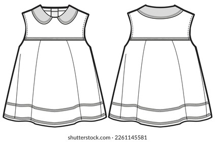 Baby girl sleeveless empire dress design with round collar flat sketch fashion illustration vector template with front and back view,  Toddler baby girl peter pan collar frock dress cad drawing 