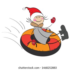 Baby girl slipping on an inflatable sled down. Tubing.Vector illustration.