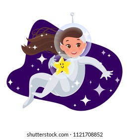 A baby girl in a spacesuit floating with a star throug the space. Flat cartoon style illustration.