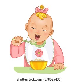 Baby girl with spoon and plate, vector image, eps10
