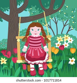 Baby girl in the spring garden. Card with a rag doll on a swing, tulips and daffodils. Illustration of the arrival of spring.