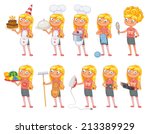 Baby girl stands in same pose and holds a various objects. Parts of body template for design work and animation. Funny cartoon character. Vector illustration. Isolated on white background. Set
