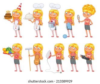 Baby girl stands in same pose and holds a various objects. Parts of body template for design work and animation. Funny cartoon character. Vector illustration. Isolated on white background. Set