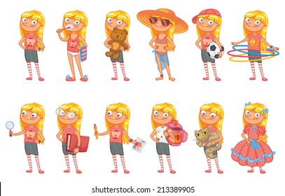 Baby girl stands in similar pose and holds a various objects. Set of different elements for design work and animation. Funny cartoon character. Vector illustration. Isolated on white background