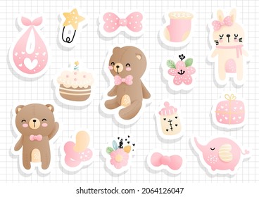 Baby girl sticker, scrapbook. Baby shower sticker sheet