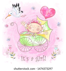 Baby girl in the stroller. I was born. Baby shower. Vector. Watercolor.