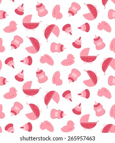 Baby girl stuff seamless pattern. Vector illustration can be copied without any seams. Perfect for nappy and other fabric print, cards, notebooks etc.