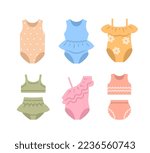 Baby girl swimsuits color flat icons. Different swimsuits for swimming in the pool and at the beach. Simple cartoon pictograms of children clothes. Little girl wardrobe
