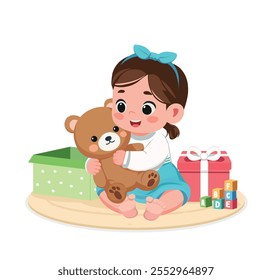 baby girl with teddy bear and gifts, toys