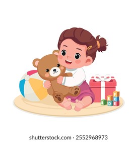 baby girl with teddy bear and gifts, toys