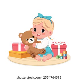 baby girl with teddy bear and gifts, toys