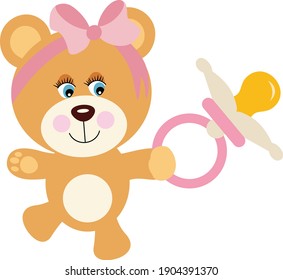 Baby girl teddy bear holding a pacifier
