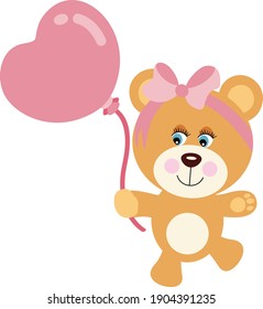 Baby girl teddy bear running hold a pink heart balloon