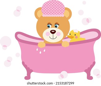 Baby girl teddy bear taking a bath with shower duck
